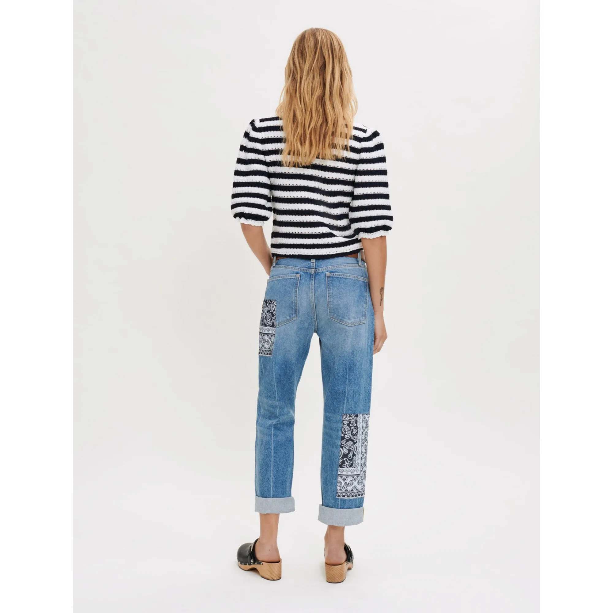 Women Crochet-Effect Striped Jumper - Navy / Ecru