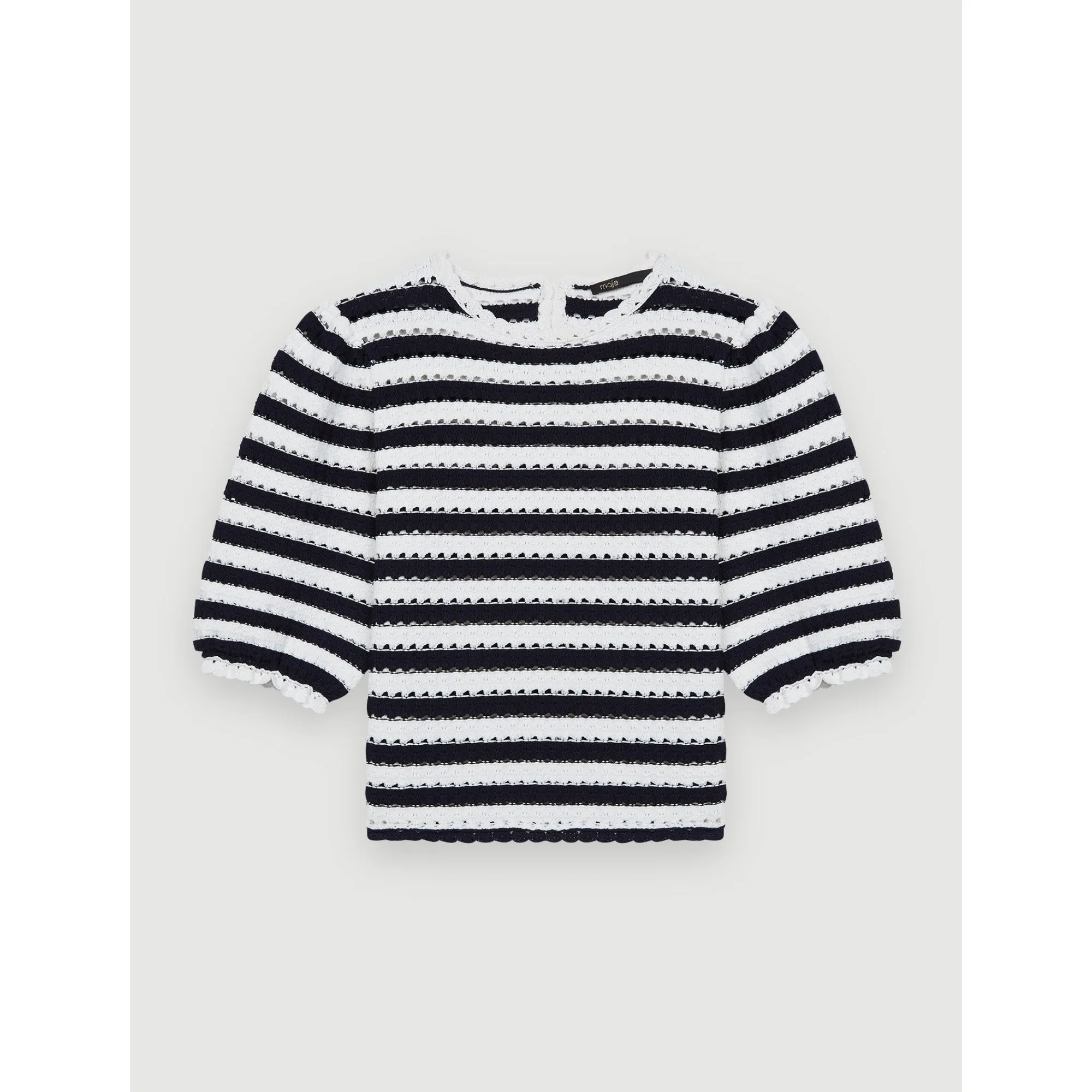 Women Crochet-Effect Striped Jumper - Navy / Ecru