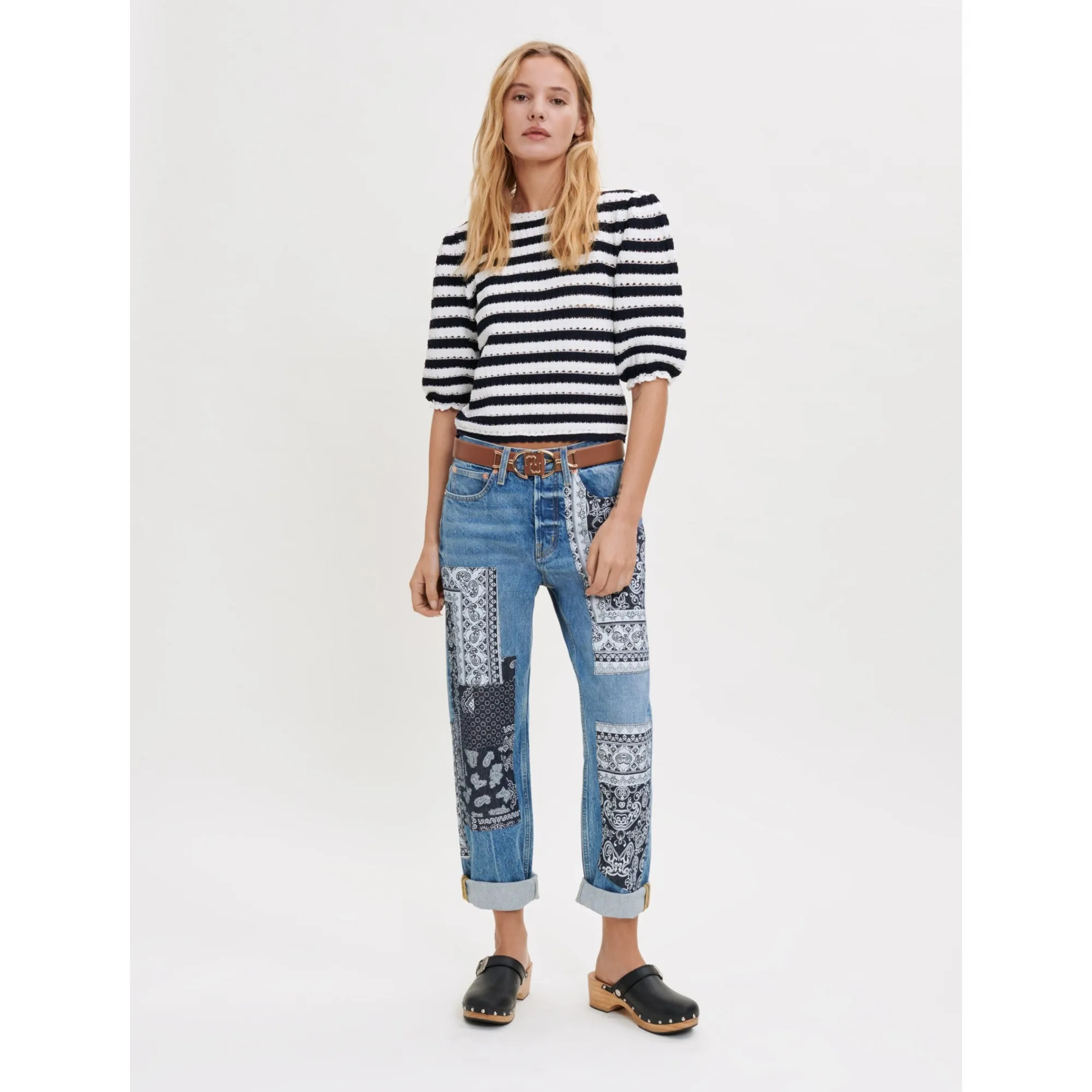 Women Crochet-Effect Striped Jumper - Navy / Ecru