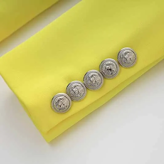 Women's Golden Lion Buttons Yellow Skirts Blazer Suit Jacket   High Waist Skirts Belt Suit