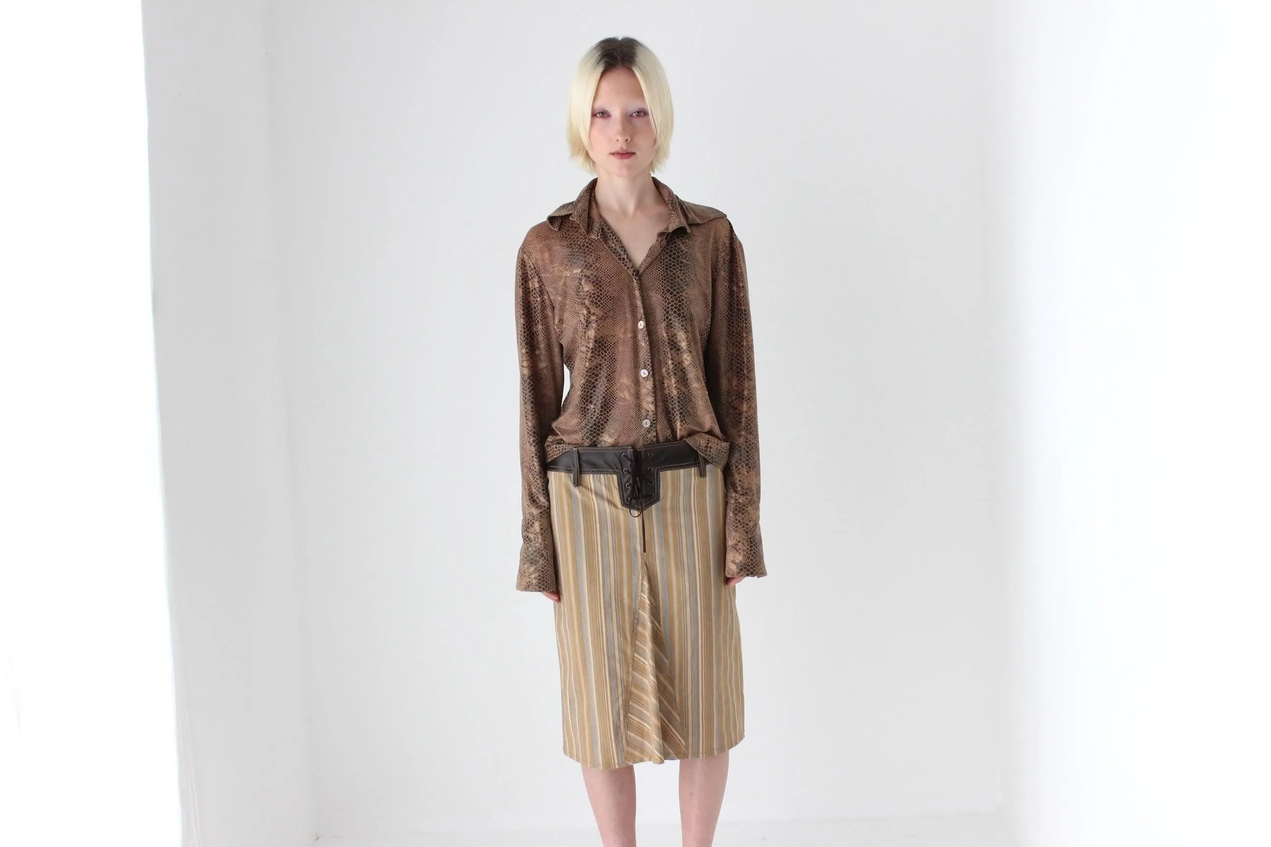 Y2K Caramel Stripe & Vinyl Trim Fitted Knee Length Skirt