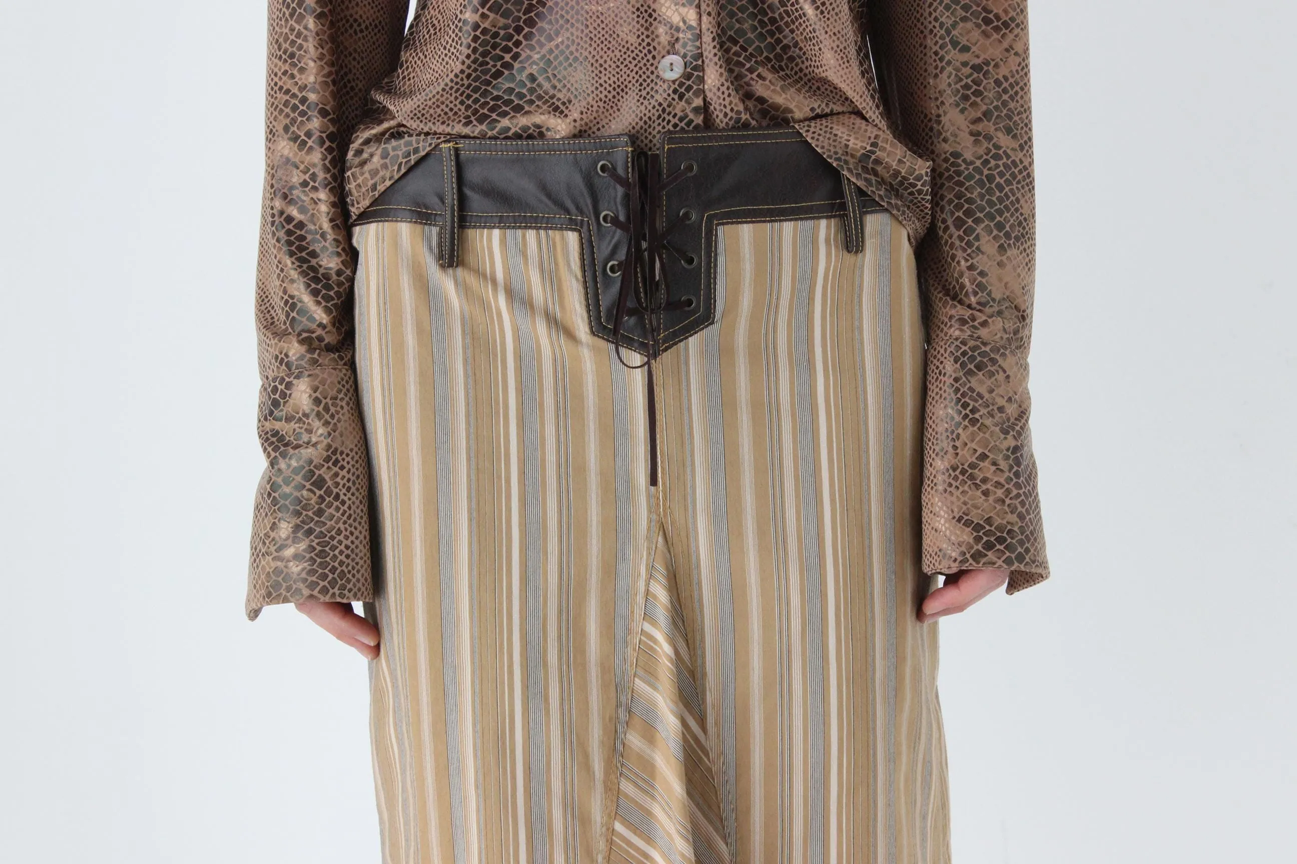 Y2K Caramel Stripe & Vinyl Trim Fitted Knee Length Skirt