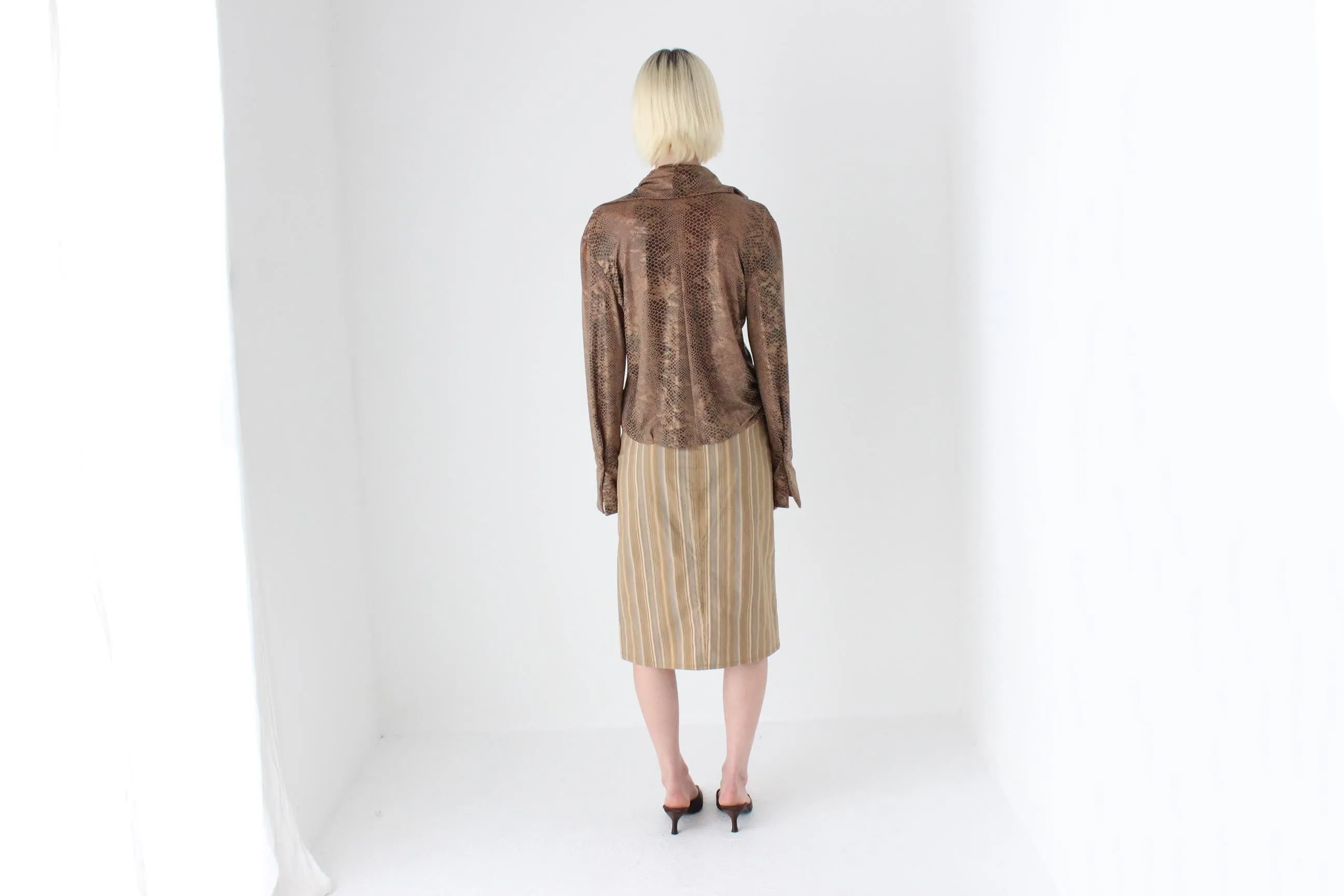 Y2K Caramel Stripe & Vinyl Trim Fitted Knee Length Skirt
