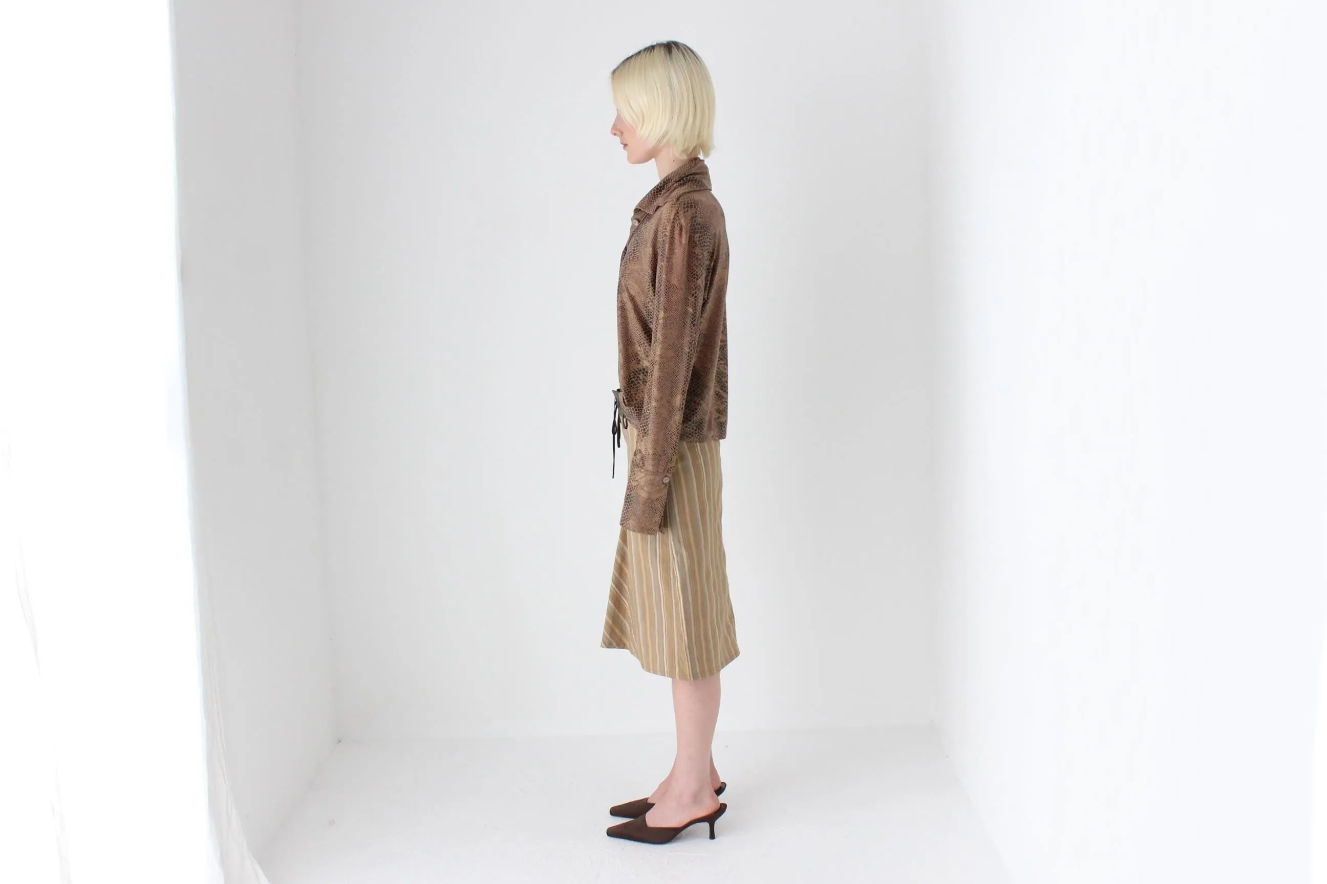 Y2K Caramel Stripe & Vinyl Trim Fitted Knee Length Skirt