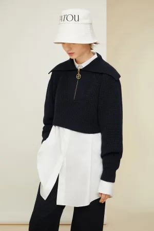 Zip-up sailor collar jumper in eco-friendly wool and cotton