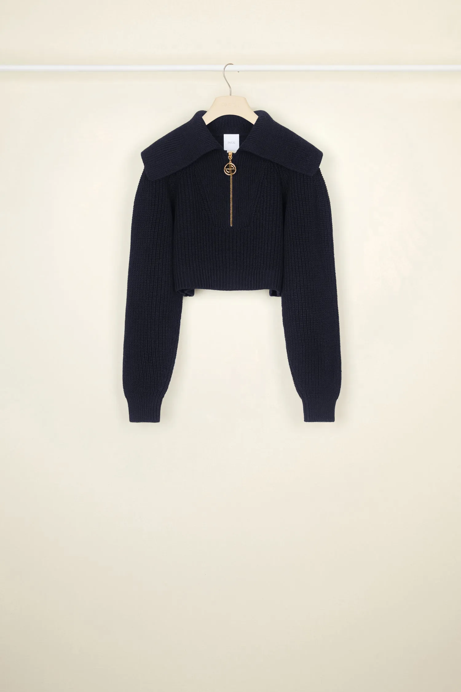 Zip-up sailor collar jumper in eco-friendly wool and cotton