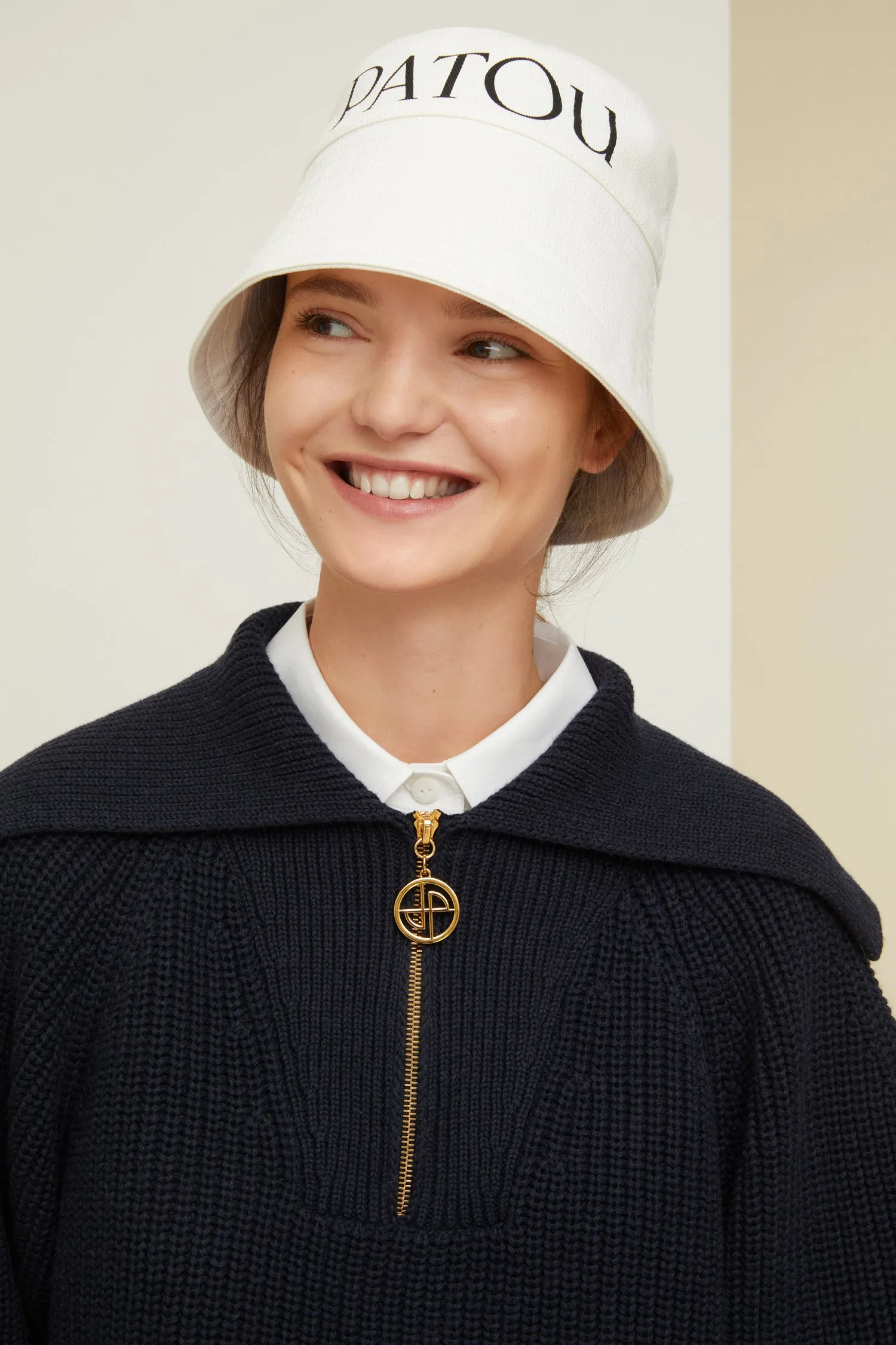 Zip-up sailor collar jumper in eco-friendly wool and cotton